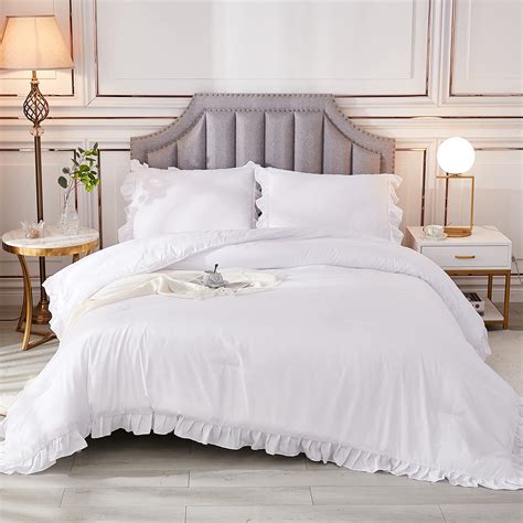 Andency Queen Size Comforter Set White Solid Ruffled Bedding