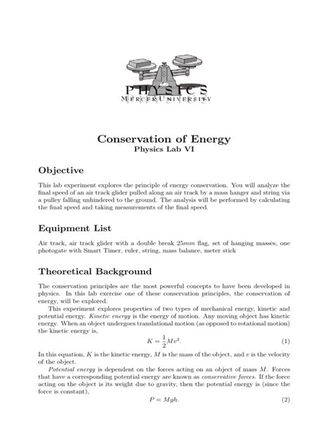 Conservation Of Energy Objective Physics Lab VI