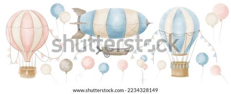 Set Vintage Hot Air Balloons Watercolor Stock Illustration