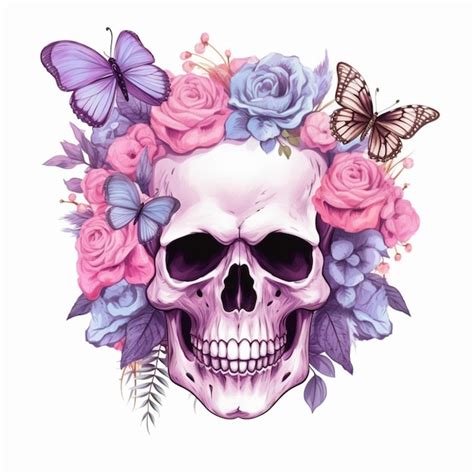 Premium Photo Skull With Flowers And Butterflies In Its Hair