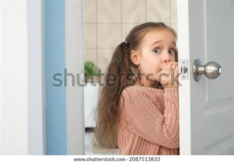 Scared Little Girl Standing Doorway Stock Photo 2087513833 Shutterstock