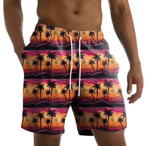 Qwertyu Mens Hawaiian Swim Trunks Palm Tree Tropical Print Summer