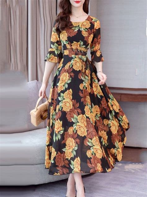 Yellow A Line Round Neck Printed Pattern Polyester Maxi Dresses Style