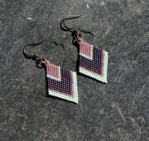 Beaded Brick Stitch Earrings Diamond Shaped Chevron Beadwork Etsy