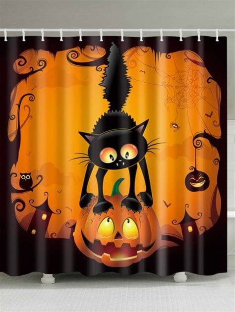 Halloween Pumpkin Cat Print Waterproof Bathroom Shower Curtain