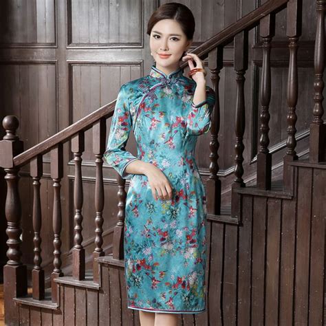 Impressive Flowers Print Silk Qipao Cheongsam Dress