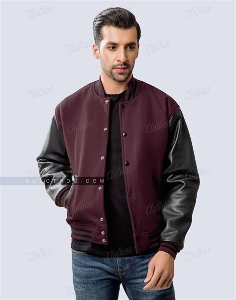 Maroon Body and Black Leather Sleeves Varsity Jacket | Clothoo