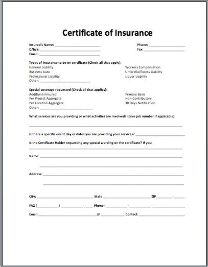 Certificate Of Insurance Request Form Template Williamson Ga Us