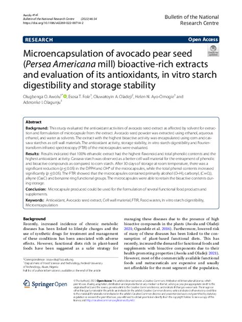 Pdf Microencapsulation Of Avocado Pear Seed Persea Americana Mill