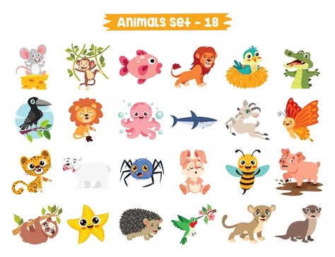 Conjunto De Animais Fofos De Desenhos Animados Vetor Premium