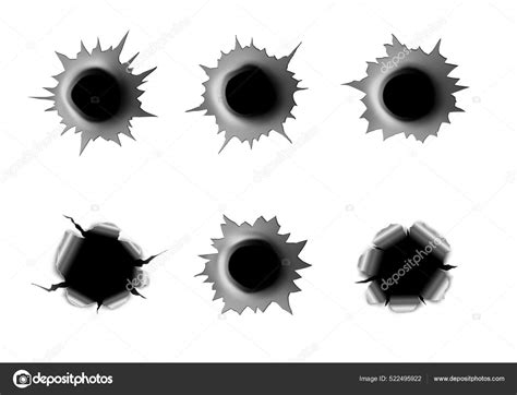 Realistic Bullet Holes Gun Shots Metal Cracks Torn Edges Vector Stock