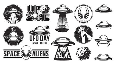 Aliens Logo Big Set Ufo Day Premium Vector