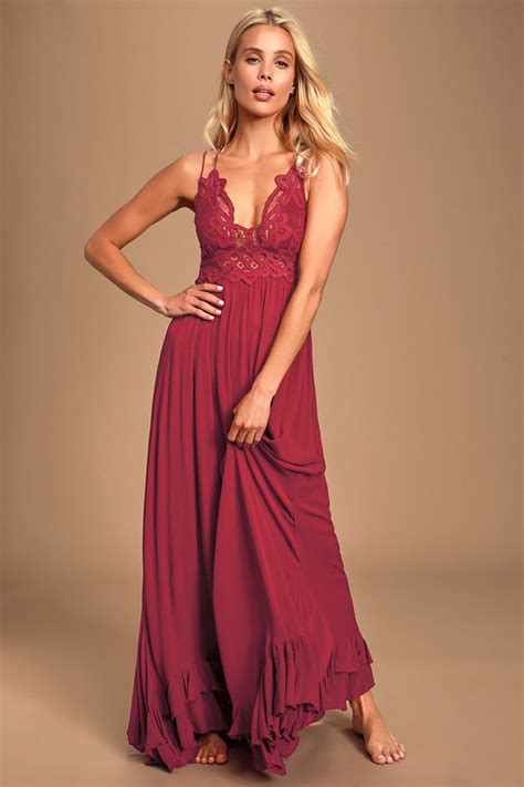 Free People Adella Maxi Slip Berry Red Slip Dress Lace Maxi Lulus