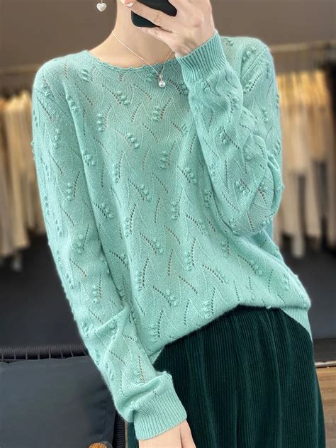 Women Sweater Hollow Out O Neck Pullover 100 Merino Wool Knitwear