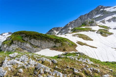 Premium Photo The Snowdrifts And Green Grass On Top Of Mountains In