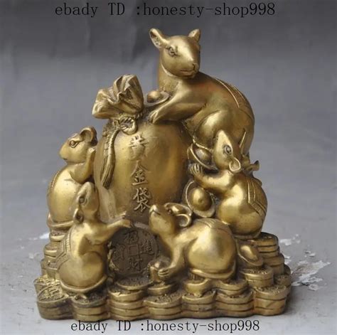 Chinese Fengshui Brass Wealth Yuanbao Moneybag Animal Zodiac 5 Mouse