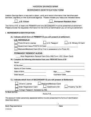 Fillable Online HADDON SAVINGS BANK BORROWER IDENTIFICATION FORM Fax