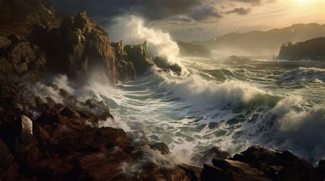 Premium Ai Image Tsunami Waves Crashing Against Rocky Shoreline