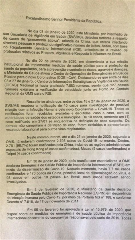 Leia a íntegra da carta de Mandetta a Bolsonaro em 2020