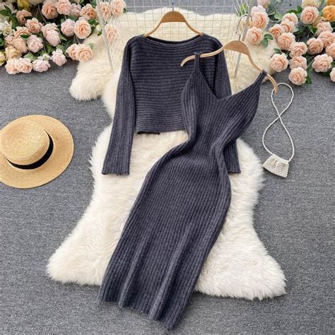 Buy Women Elegant Slim Two Piece Sets Female Sweater Dress Autumn