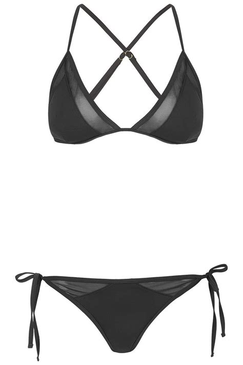 Black Strappy Mesh Triangle Bikini Set Swimwear Beachwear