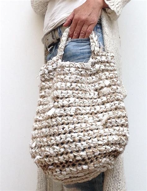 Nice Neutral Colored Crocheted Grocery Shopping Bag Of Natural Material