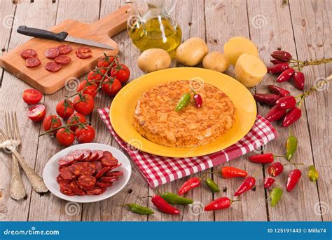 Tortilla, Spanish Omelette with Chorizo. Stock Image - Image of pepperoni, jalapeno: 125191443