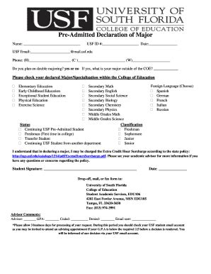 Fillable Online Coedu Usf PreAdmitted Declaration Of Major Or