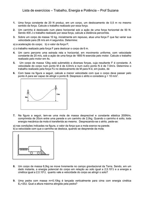 Lista de exercícios Trabalho Energia e Potência Prof Suzana