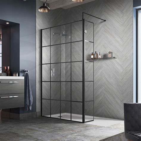 Hudson Reed Black Frame Wetroom Screen With Support Arm