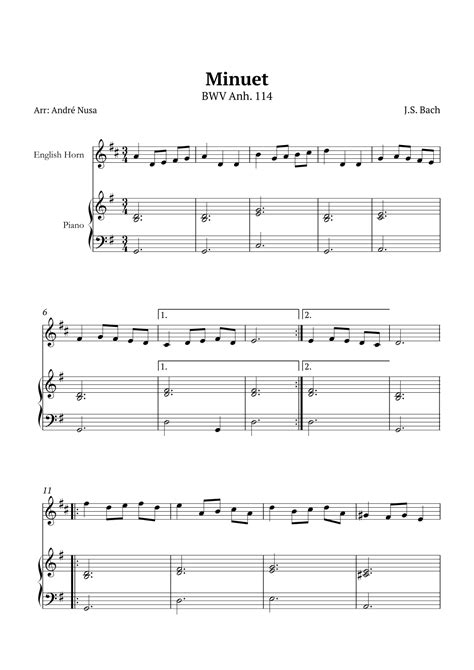 Minuet In G Bwv Anh 114 Sheet Music Johann Sebastian Bach English Horn And Piano