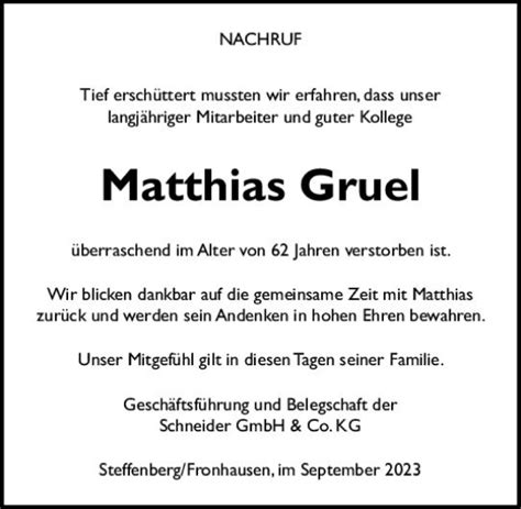 Traueranzeigen Von Matthias Gruel Vrm Trauer De