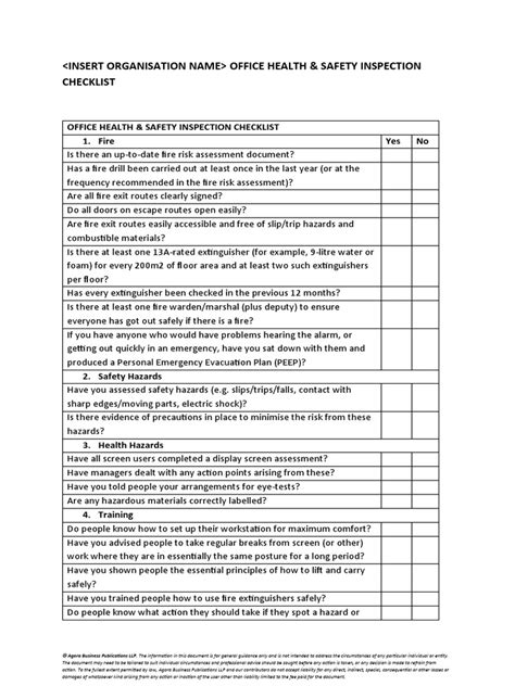 Office Health and Safety Inspection Checklist | Download Free PDF ...