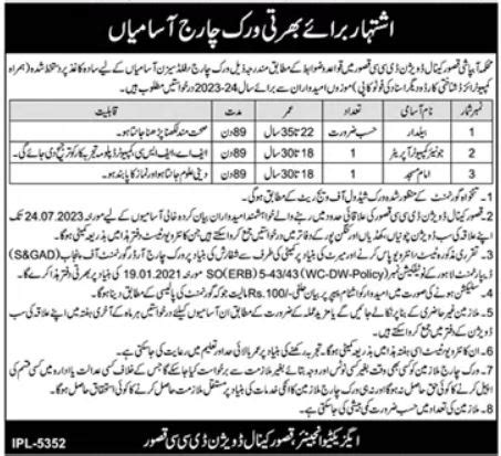 Job Positions At Irrigation Department Kasur Canal Division Job