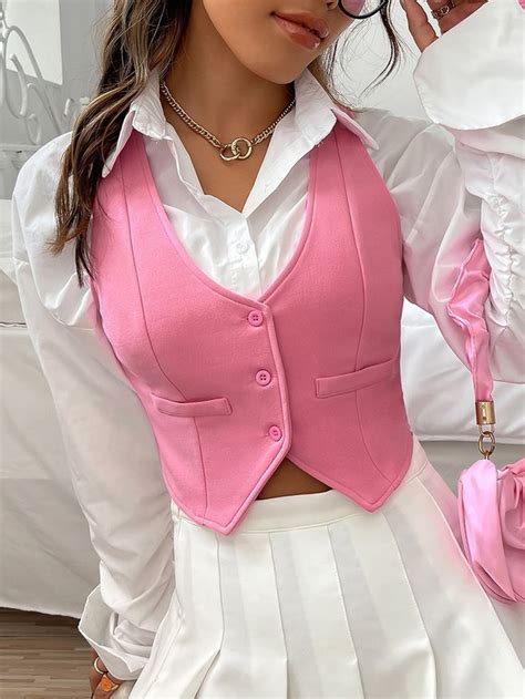 Pink Casual Collar Sleeveless Fabric Plain Vest Embellished Non Stretch