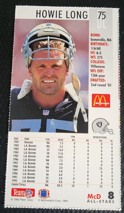 Fleer Mcdonald S Howie Long Los Angeles Raiders Nfl Game Day