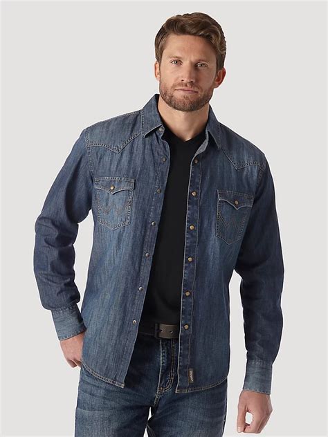 Mens Wrangler Retro® Long Sleeve Denim Western Snap Shirt