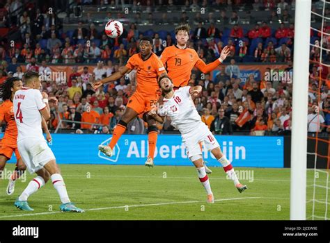 Rotterdam Netherlands June 11 2022 Denzel Dumfries And Cody Gakpo Of Netherlands Vs Bartosz