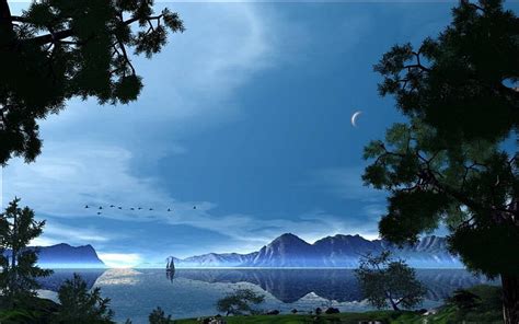 Hd Wallpaper Mountains Ocean Landscapes Moon Fantasy Art Sailboats Art