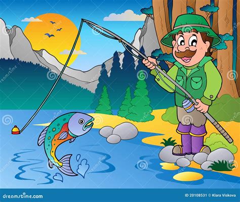 Lake With Cartoon Fisherman 1 Stock Image Image 20108531