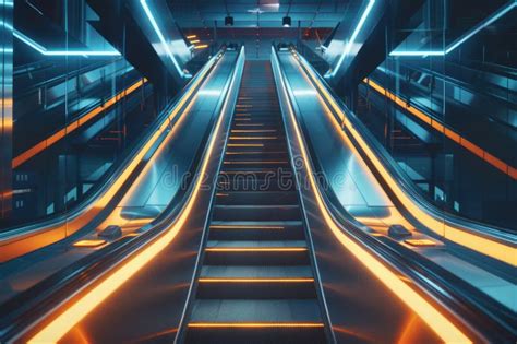 Modern Escalator With Orange Lighting Suitable For Urban Themes Or