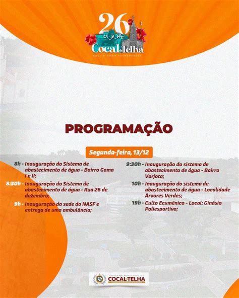 Prefeitura de Cocal de Telha divulga programação do aniversário de 26