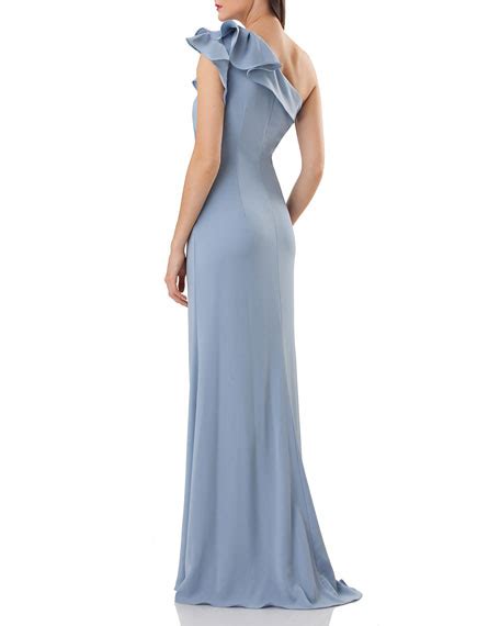 Carmen Marc Valvo Infusion One Shoulder Ruffled Crepe Gown Neiman Marcus