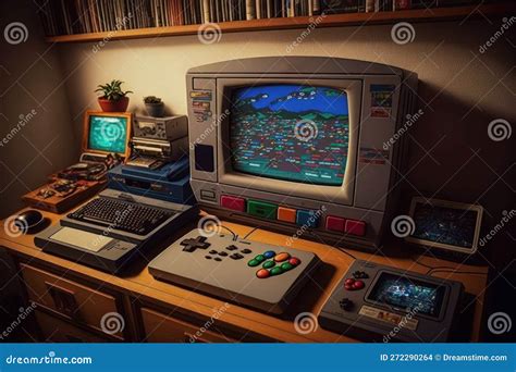 Retro Gaming Room 90s Interior Generative Ai Stock Illustration Illustration Of Joystick