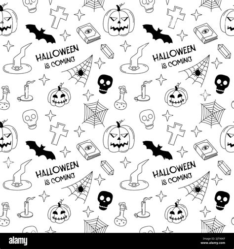 Halloween Doodle Pattern Black And White Seamless Background With Halloween Spooky Symbols Jack