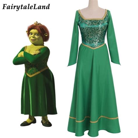 Shrek Cosplay Outfit Princess Fiona Dress Green Costume Printing Suit