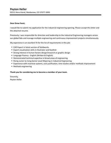 Industrial Engineering Cover Letter Velvet Jobs