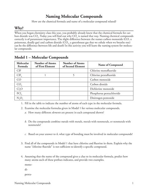 Naming Molecular Compounds Exercises Chemistry Docsity Worksheets