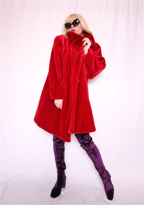 Vintage Unisex Saks Fifth Avenue Oversized Rockstar Red Faux Fur Coat