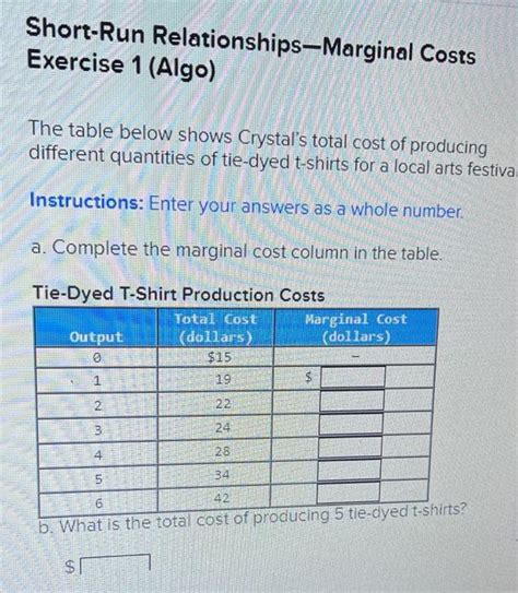 Solved Short Run Relationships Marginal Costs Exercise Chegg